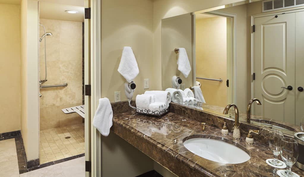 Superior Room Bathroom shower and sink | Historic Davenport